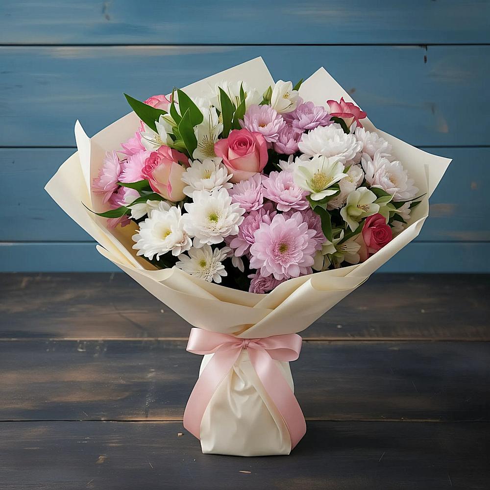 Букет цветов из: Хризантемы, Альстромерии и Розы в Канаш